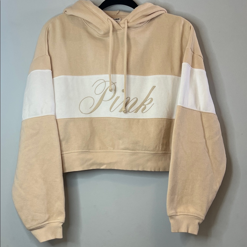 PINK Women's Victoria's Secret Tan White Cropped Sweatshirt Soft Hoodie Medium‎